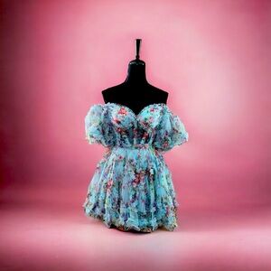 SHERRI HILL COCKTAIL DRESS STYLE #55624. NWT- LIGHT BLUE FLORAL PRINT
